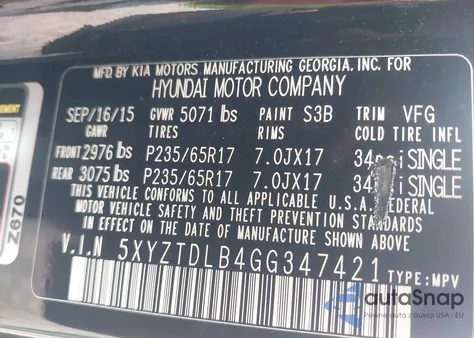 2016 Hyundai Santa Fe Sport 2.4L from USA, damaged, VIN 5XYZTDLB4GG347421